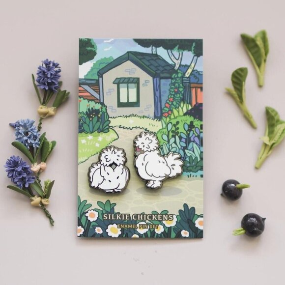 Silkie Chickens Enamel Pin Set - Set‎ of 2 - Farm Animals - Picture 2 of 7